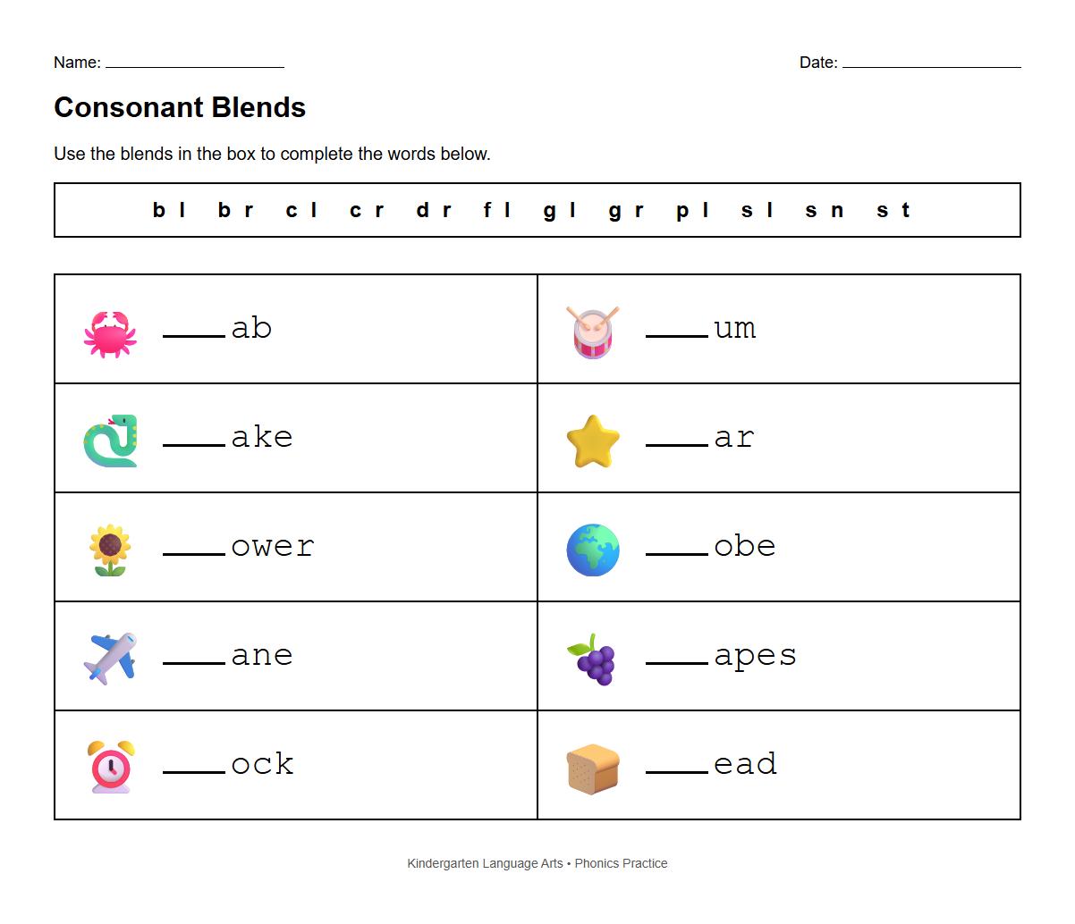 Fill in the Blanks with Consonant Blends Phonics Sheet