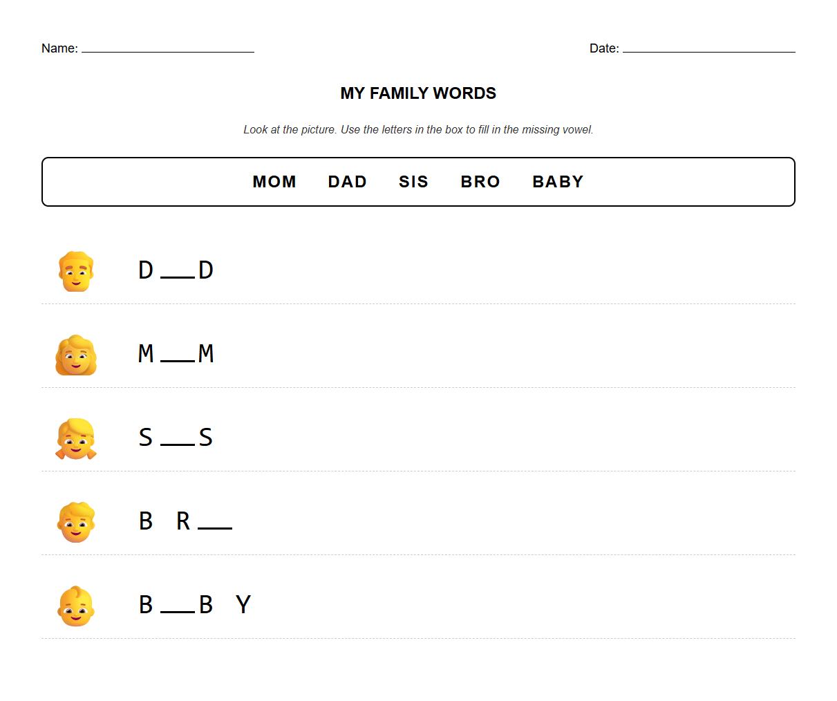 Fill in the Blanks with Family Words Phonics Exercise