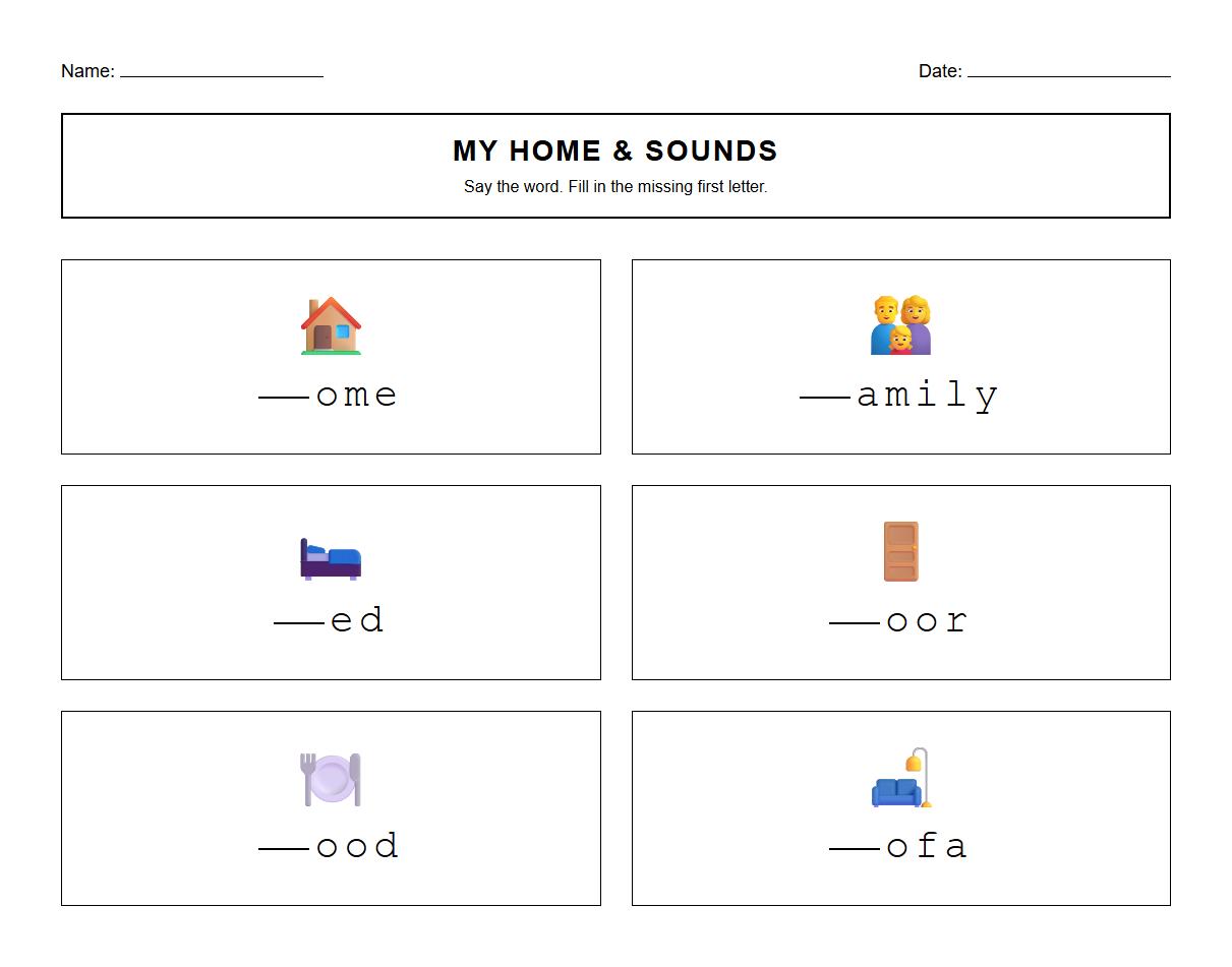 Fill in the Blanks Worksheet with Home Phonics Clues
