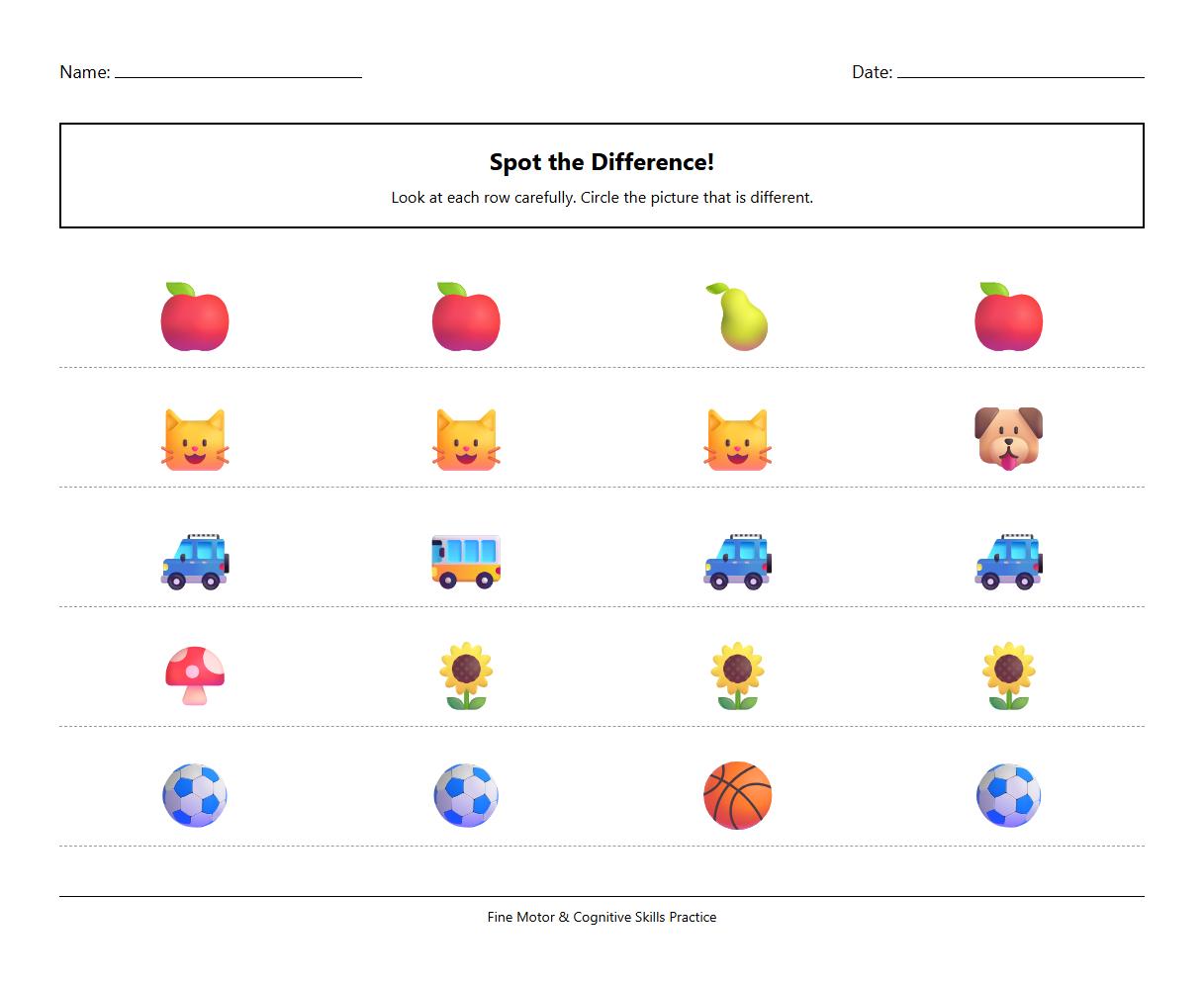 Fine motor skill development worksheet with Spot the Difference images
