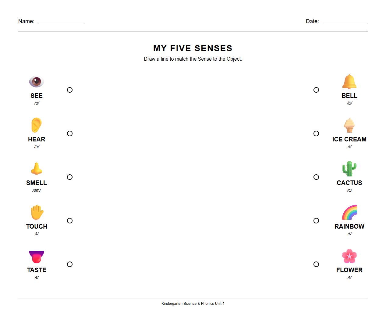 Five Senses and Object Phonics Matching Worksheet