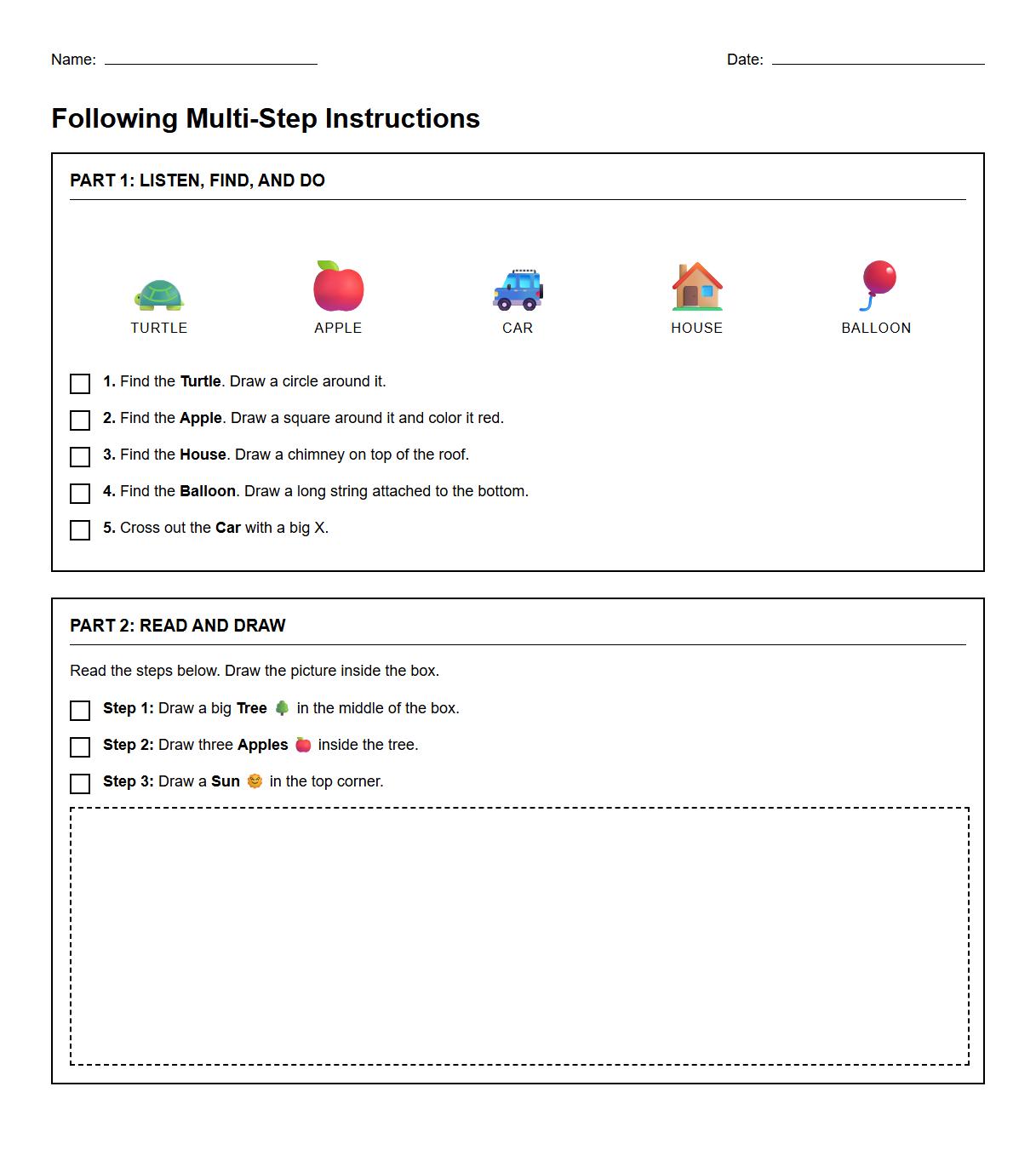 Following Multi Step Instructions Worksheet with Vocabulary Pictures