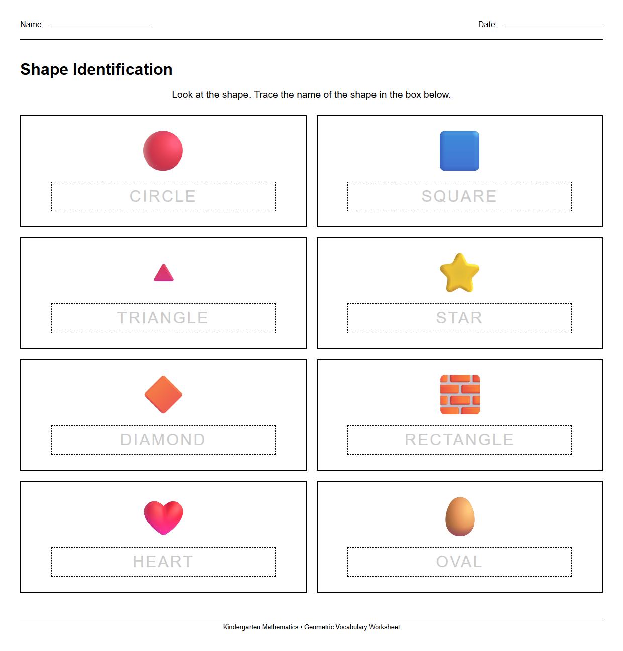 Geometric Shapes Identification Worksheet with Shape Vocabulary Terms