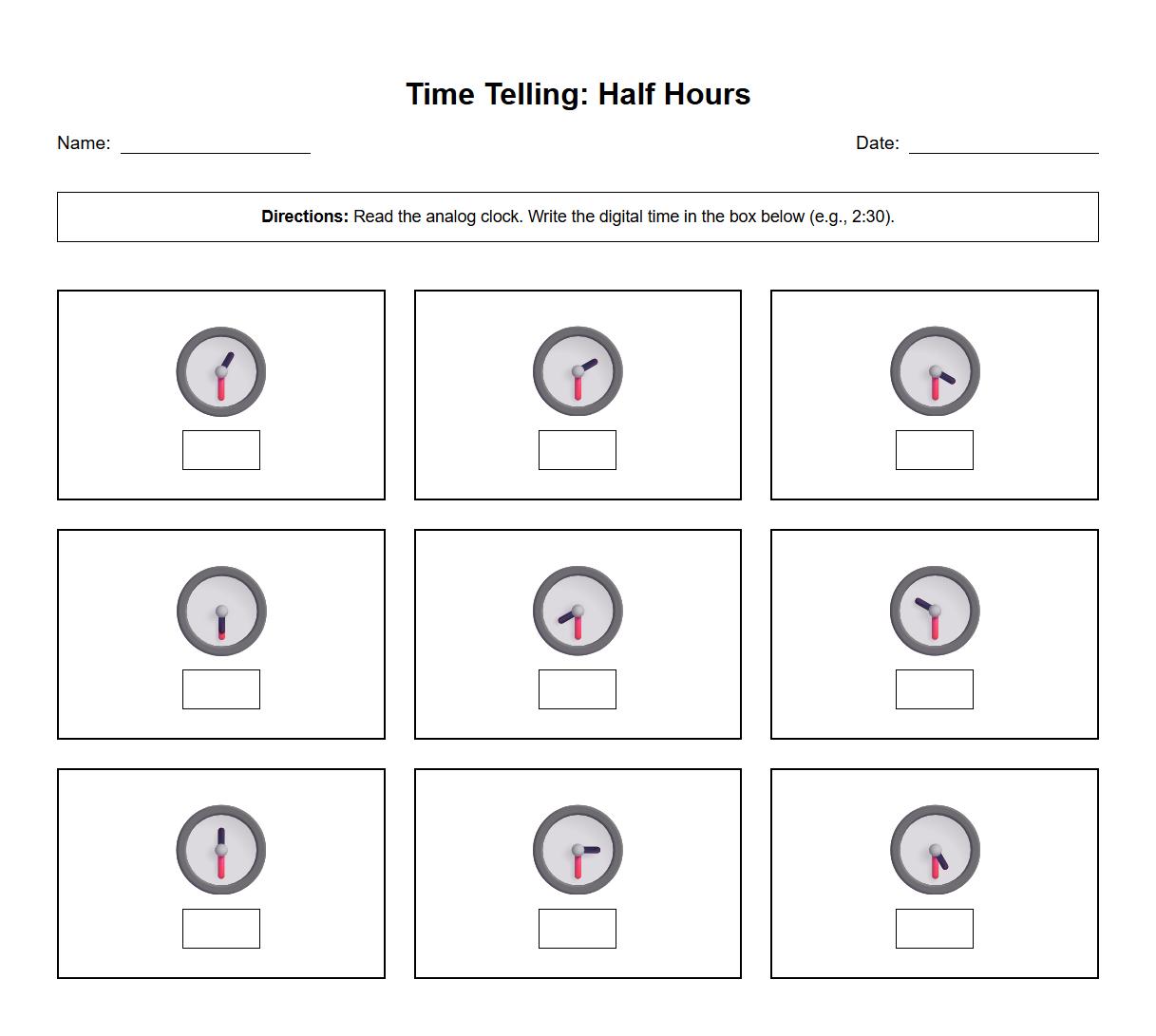 Half Hour Clock Reading Activity Sheet