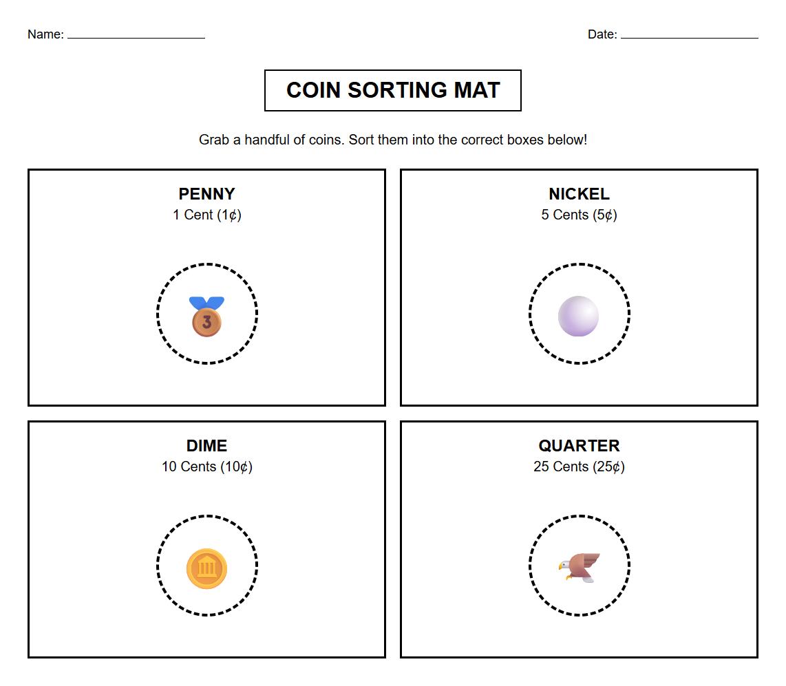 Hands On Coin Sorting Mat for classifying by denomination