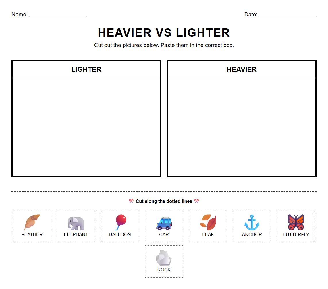 Hands On Heavier vs Lighter Weight Sorting Worksheet