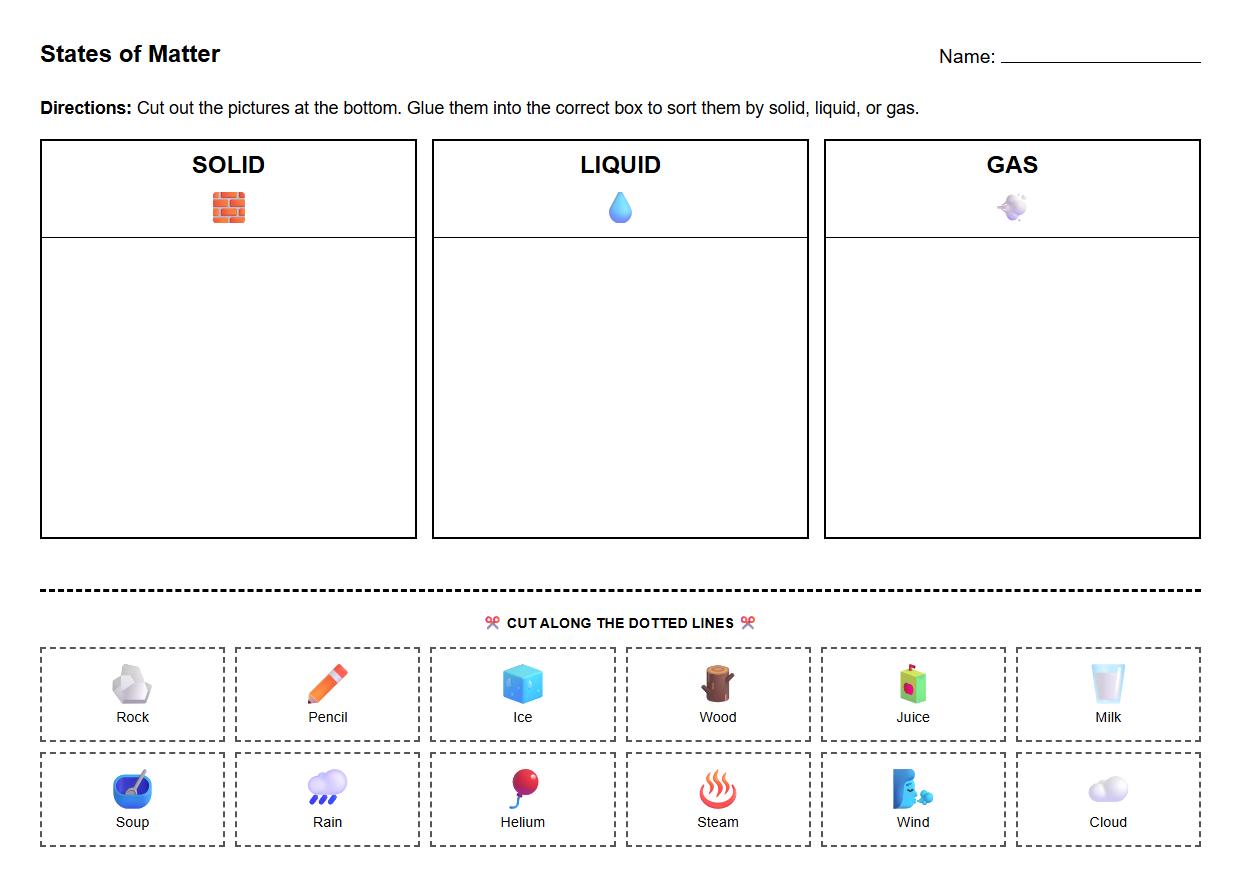 Hands-On Sorting Matter with Picture Cards Worksheet