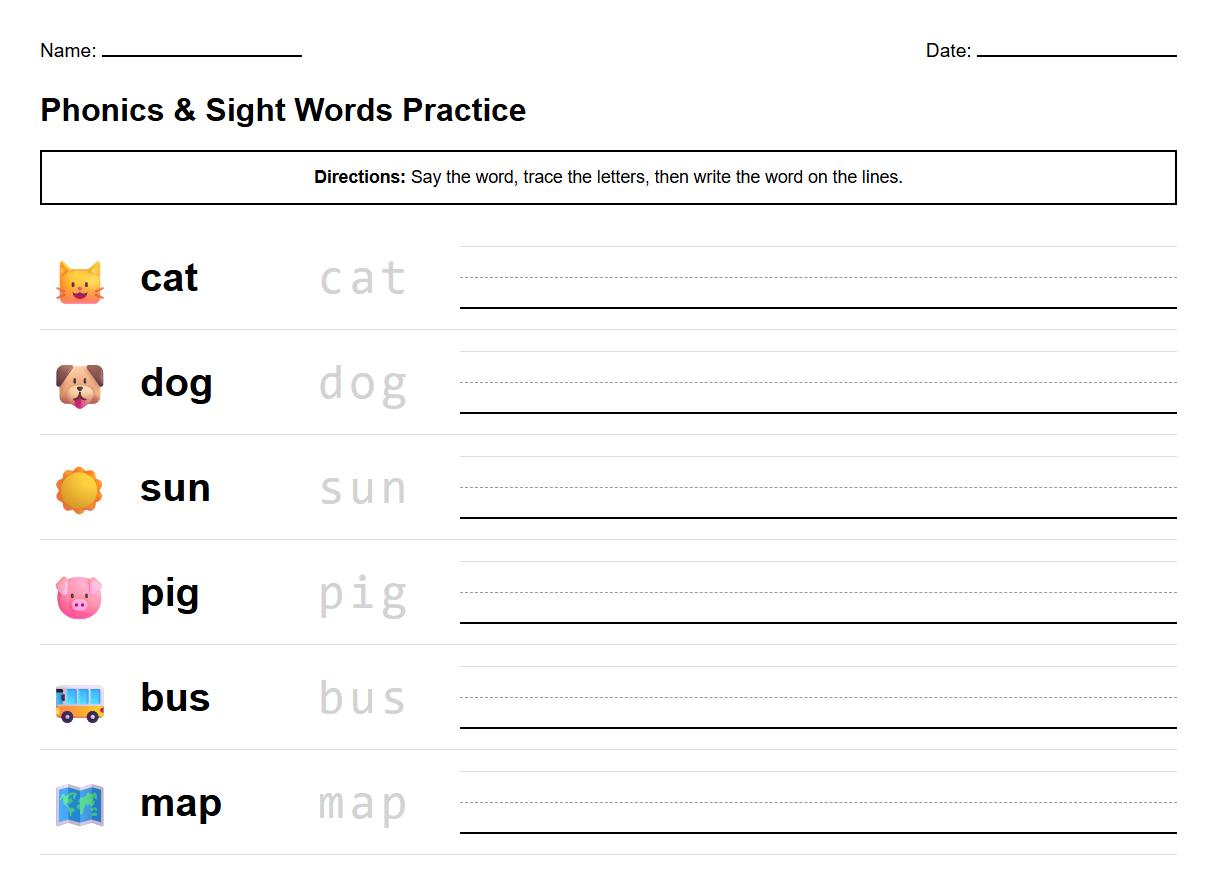 High-Frequency Words Writing Practice with Phonics Emphasis