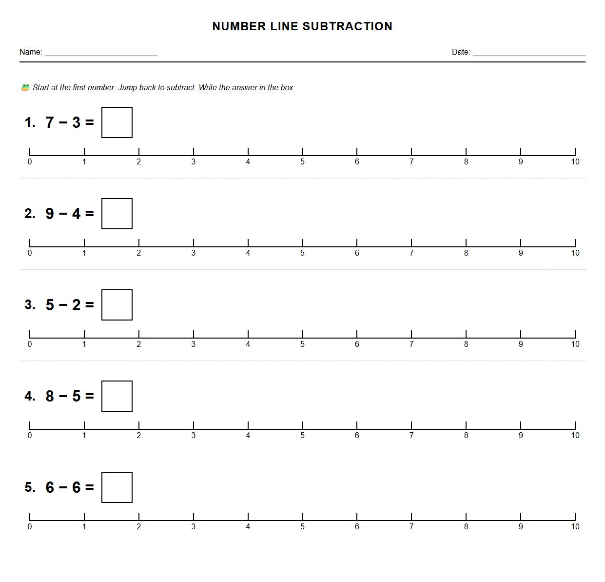 Horizontal Number Line Subtraction Equations Worksheet
