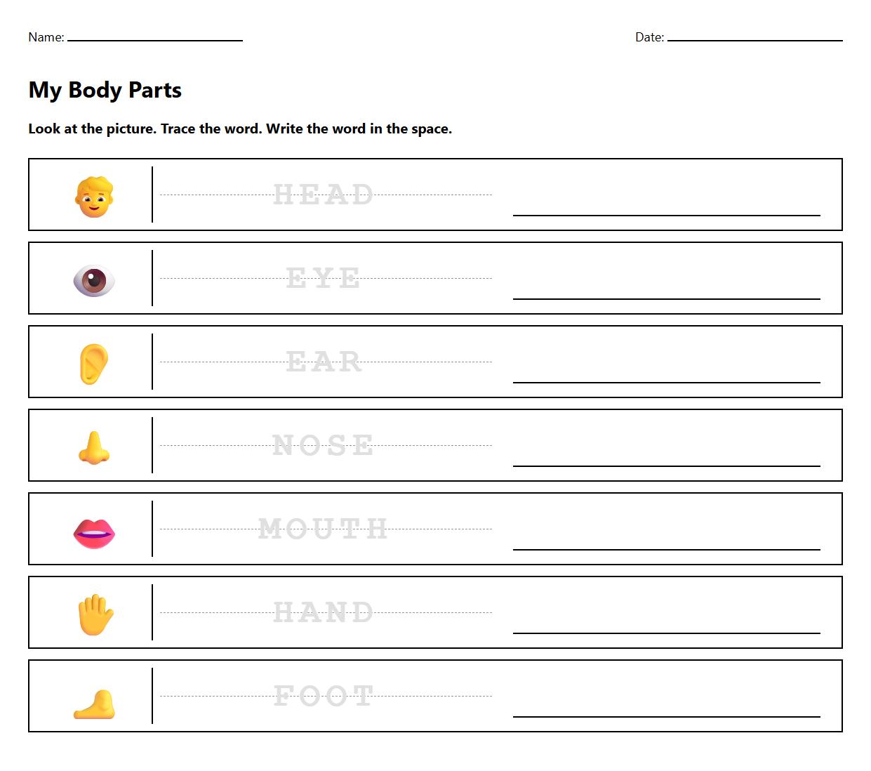 Human Body Parts Labeling and Tracing Worksheet for Kindergarten