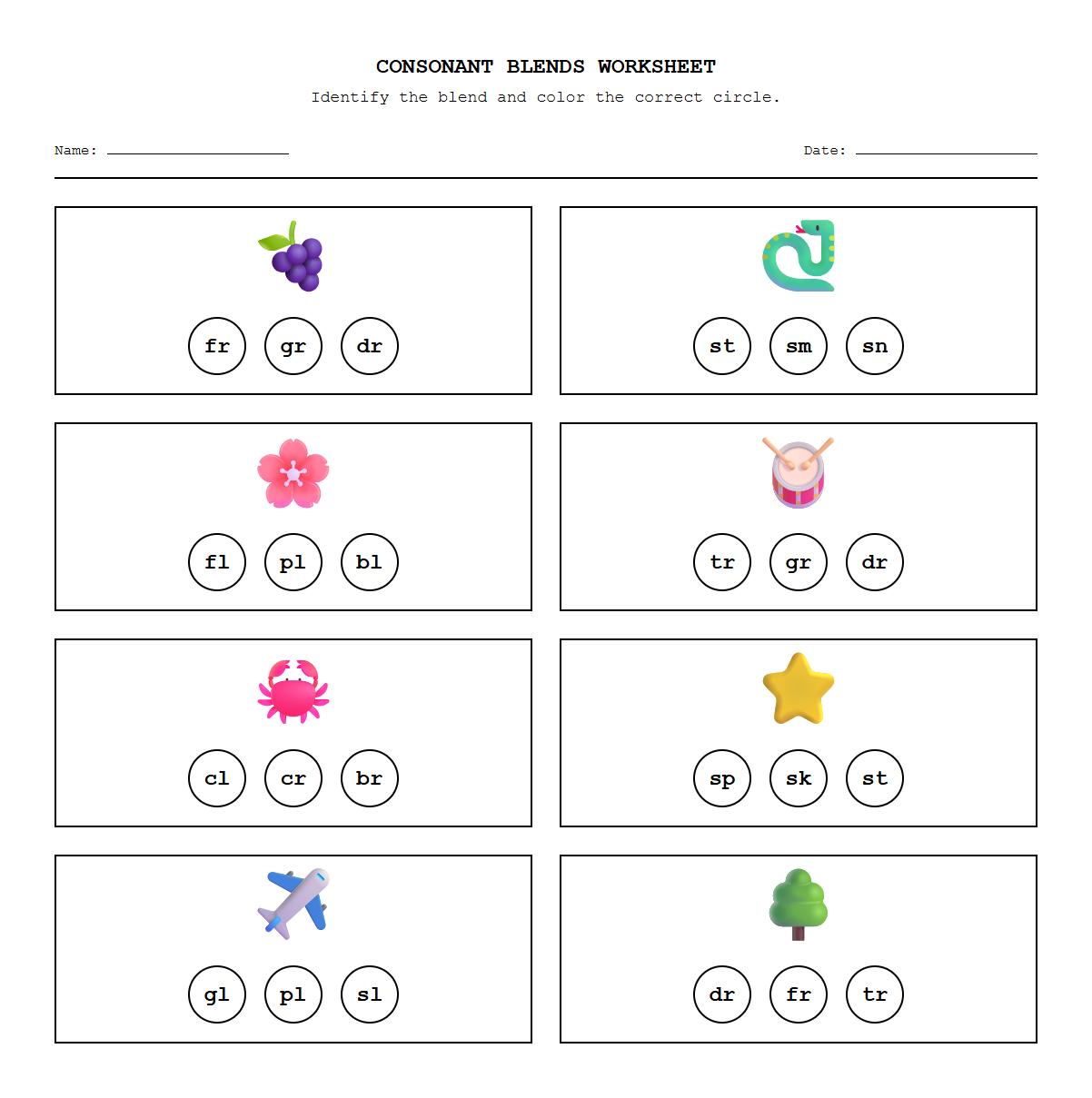Identify and Color Consonant Blends Phonics Practice