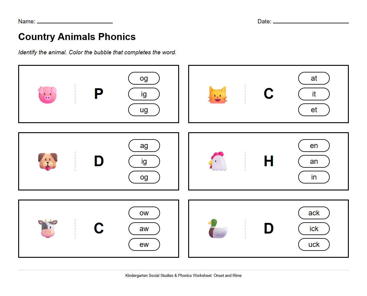 Identify and Color Country Animals Onset Rime Phonics Worksheet
