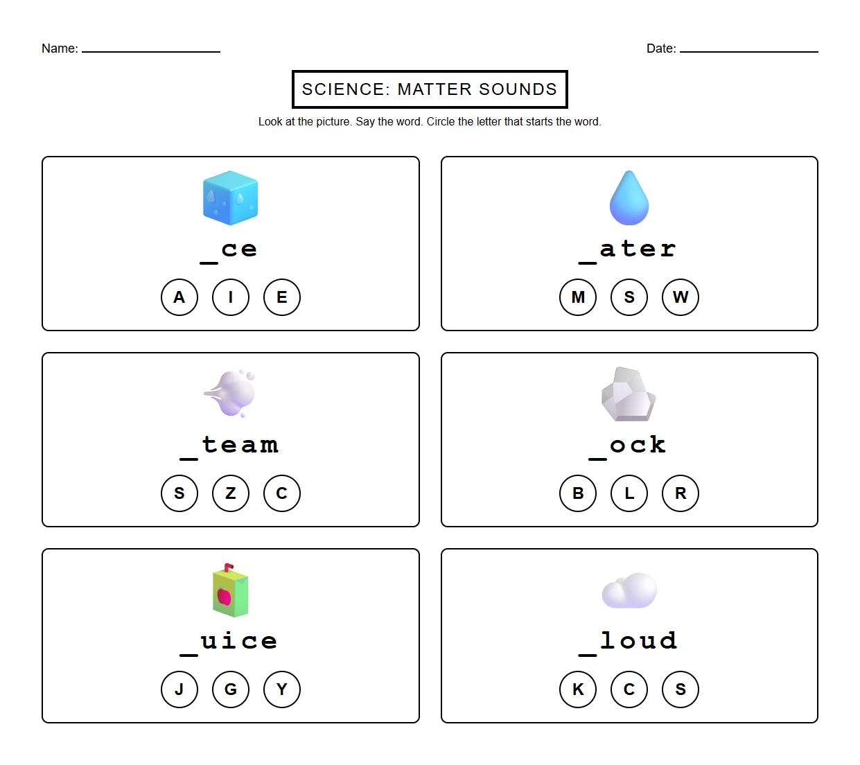 Identifying Initial Sounds in Matter Vocabulary Worksheet