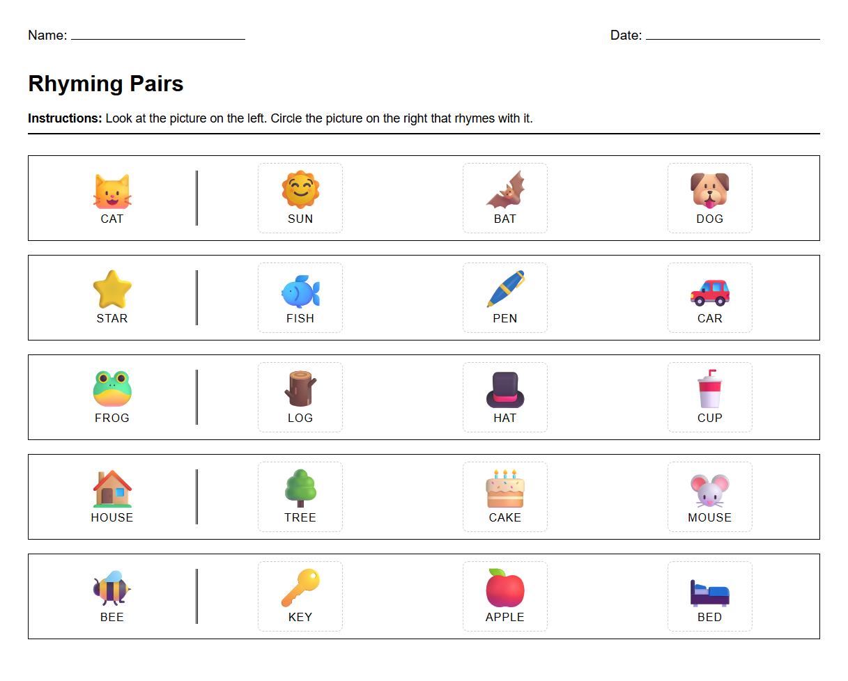 Identifying Rhyming Pairs Activity Sheet