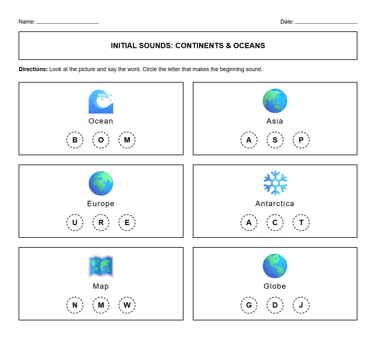 Initial Sound Identification: Continents and Oceans Worksheet