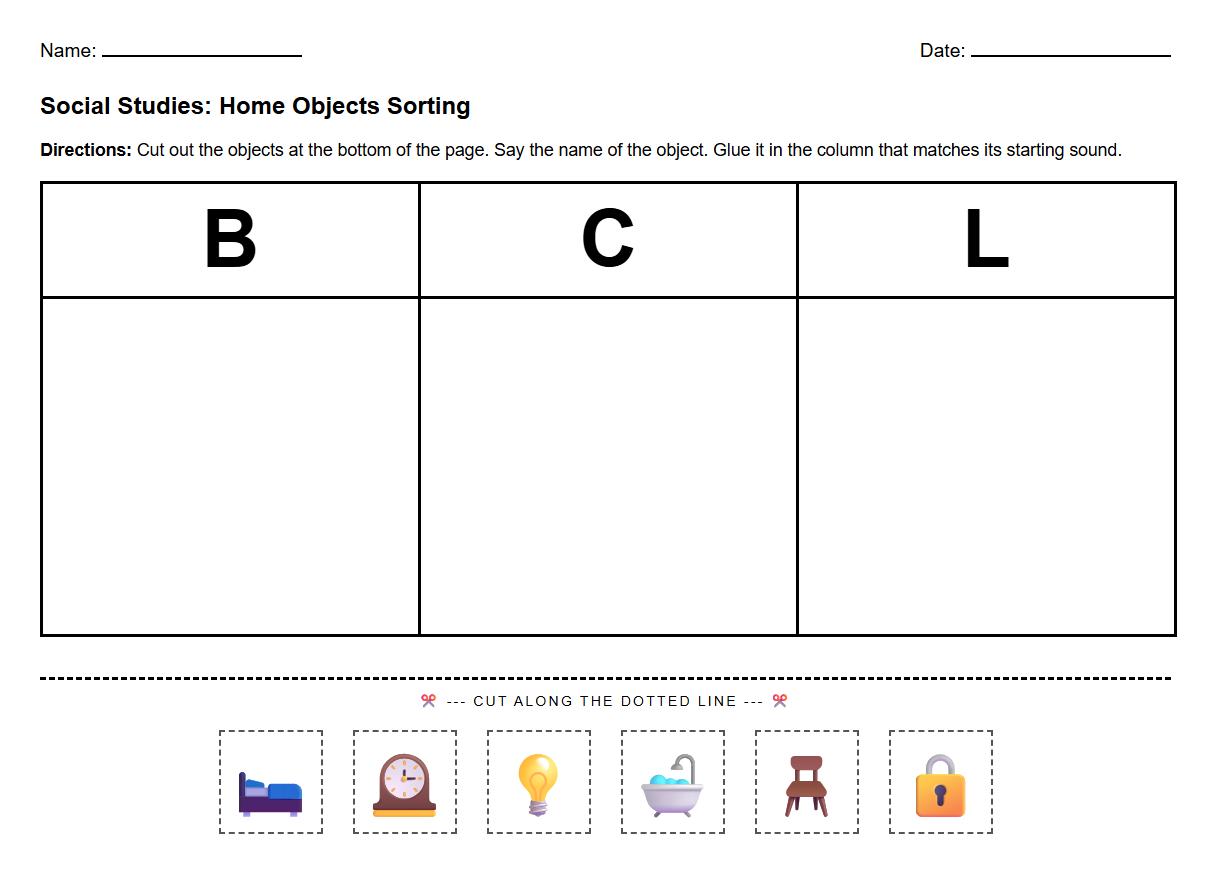 Initial Sound Sorting Home Objects Worksheet