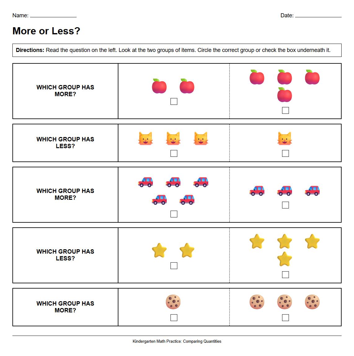 Interactive Worksheet Comparing More and Less Using Word Problems