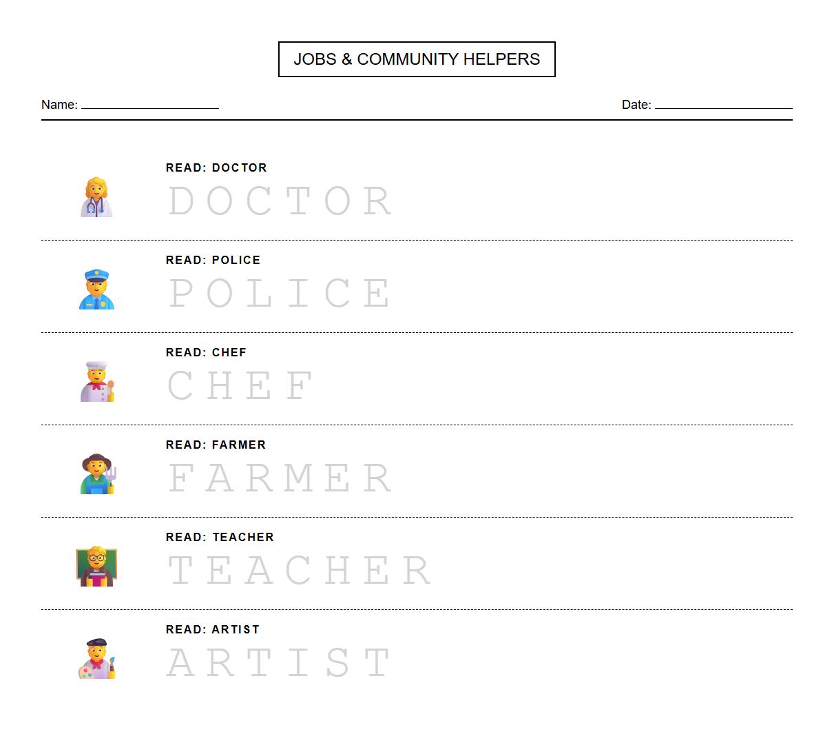 Jobs Tracing Sheet for Fine Motor Coordination and Sound Blending