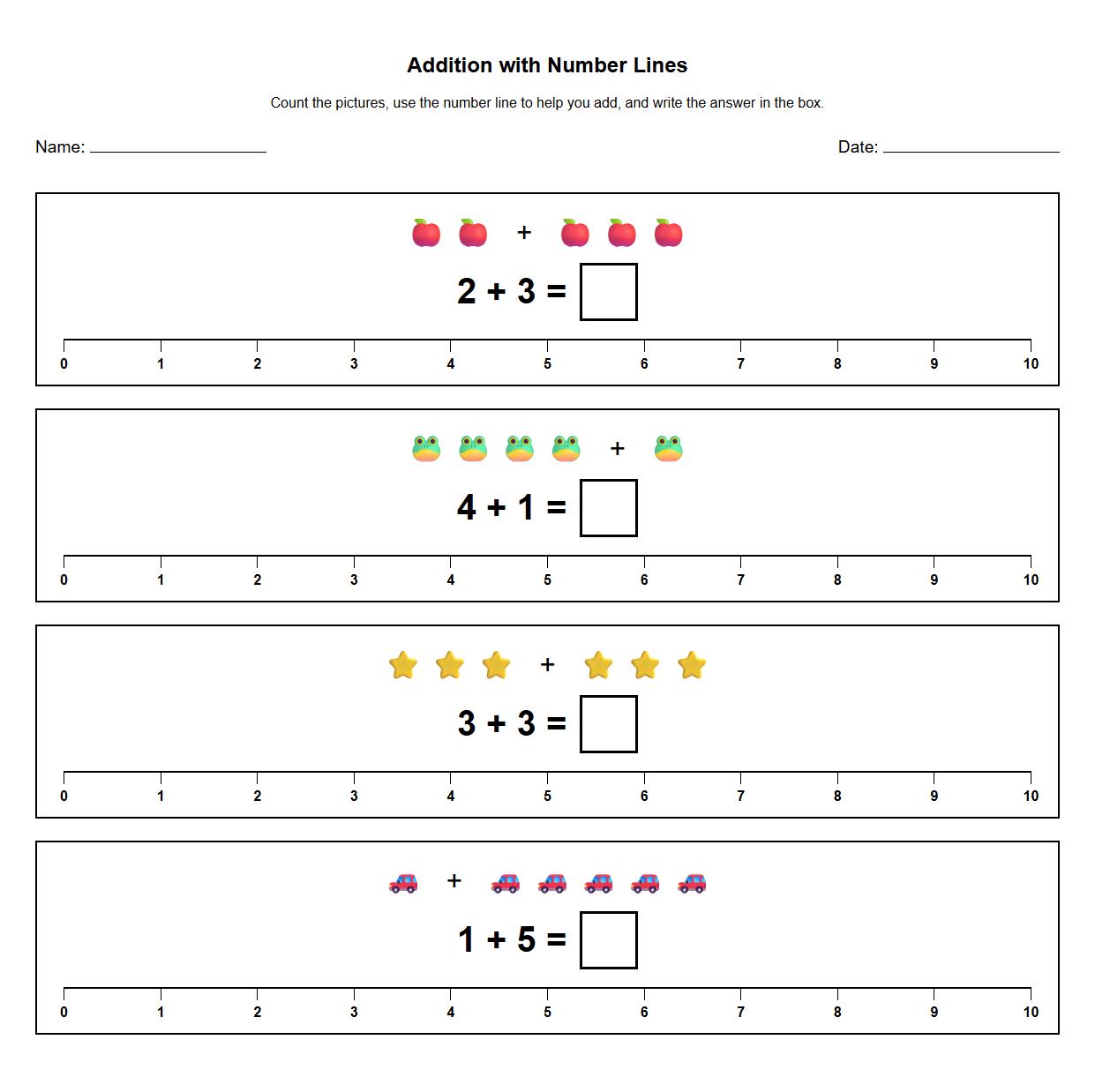 Kindergarten Addition with Number Line Problem Solving Worksheet