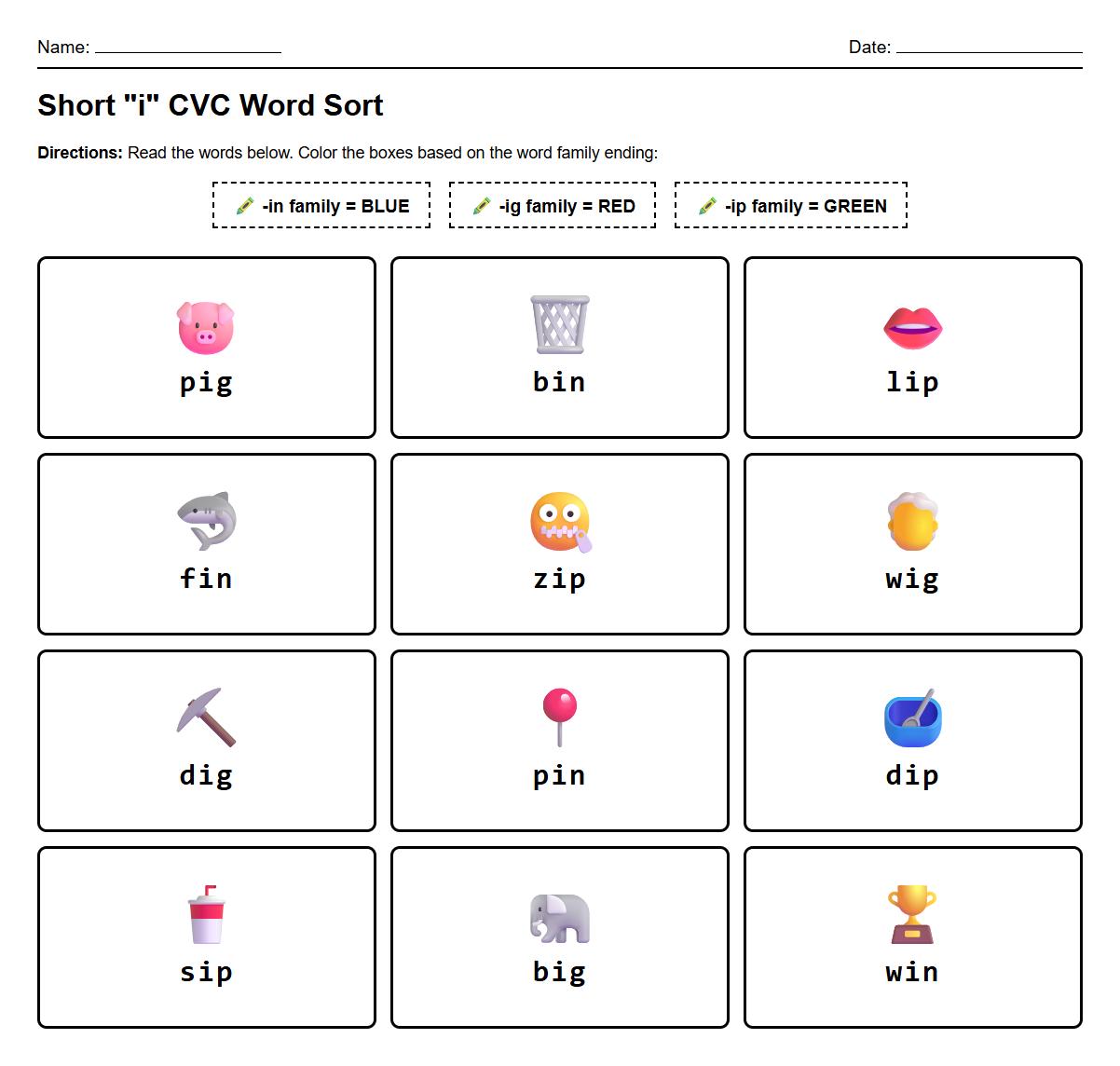 Kindergarten CVC Word Family Phonics Coloring Worksheet with Short I Word Sorting