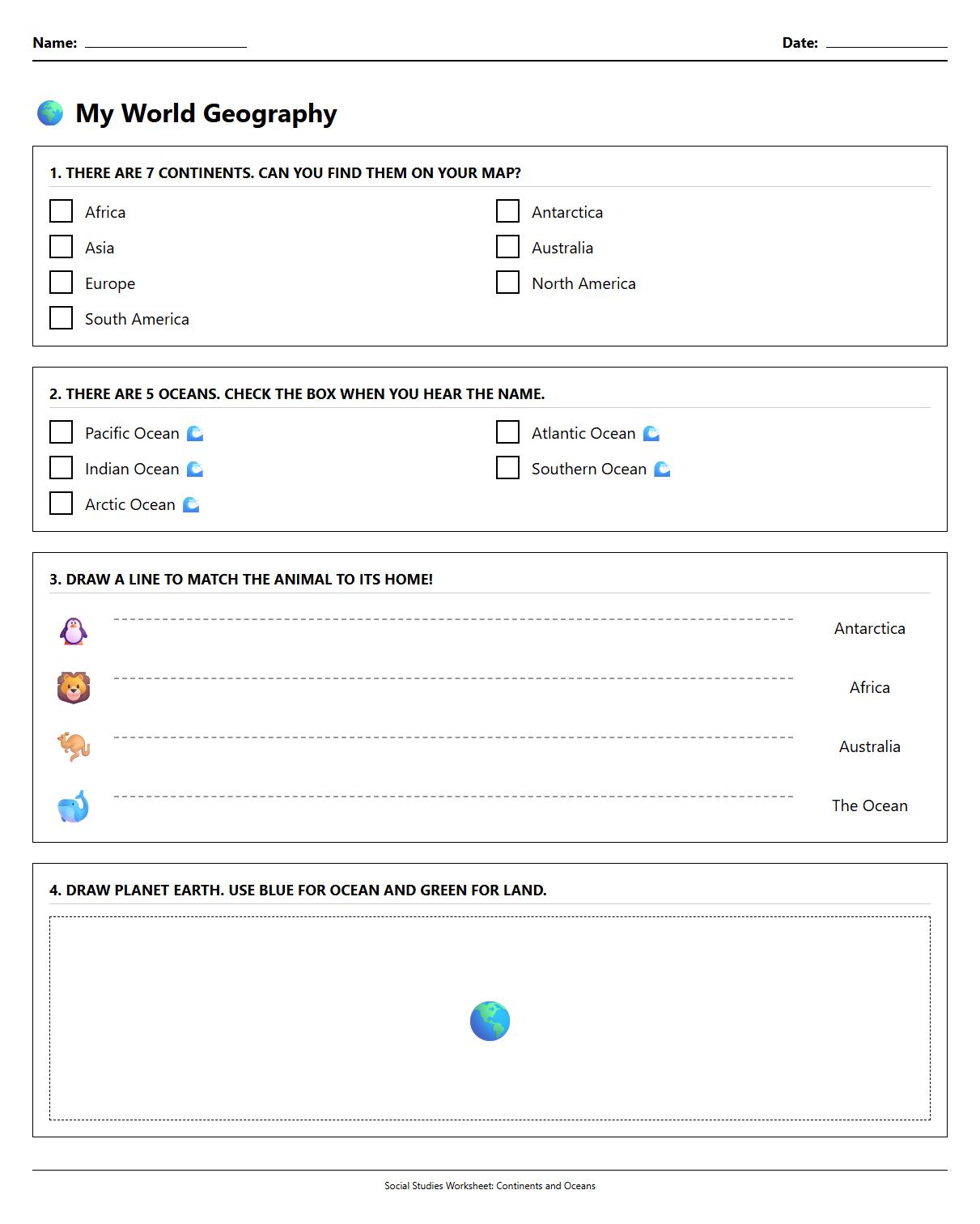 Kindergarten Geography Worksheet for Identifying Continents and Oceans