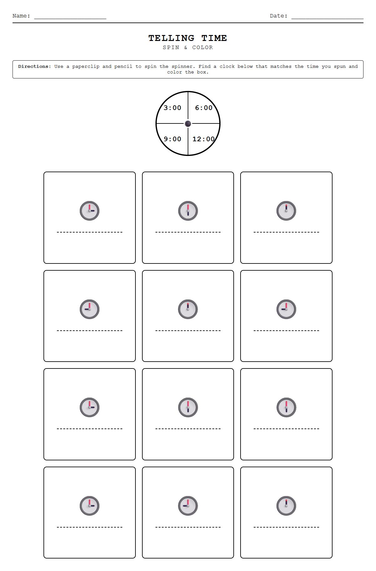Kindergarten Math Centers Telling Time Spin and Color Worksheet