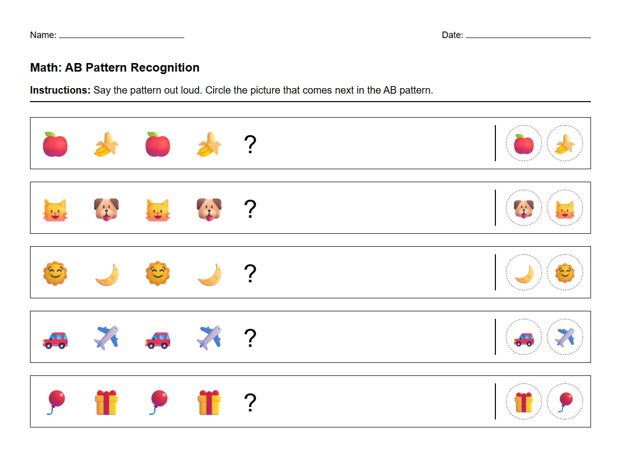 Kindergarten Phonics Pattern AB Recognition Worksheet