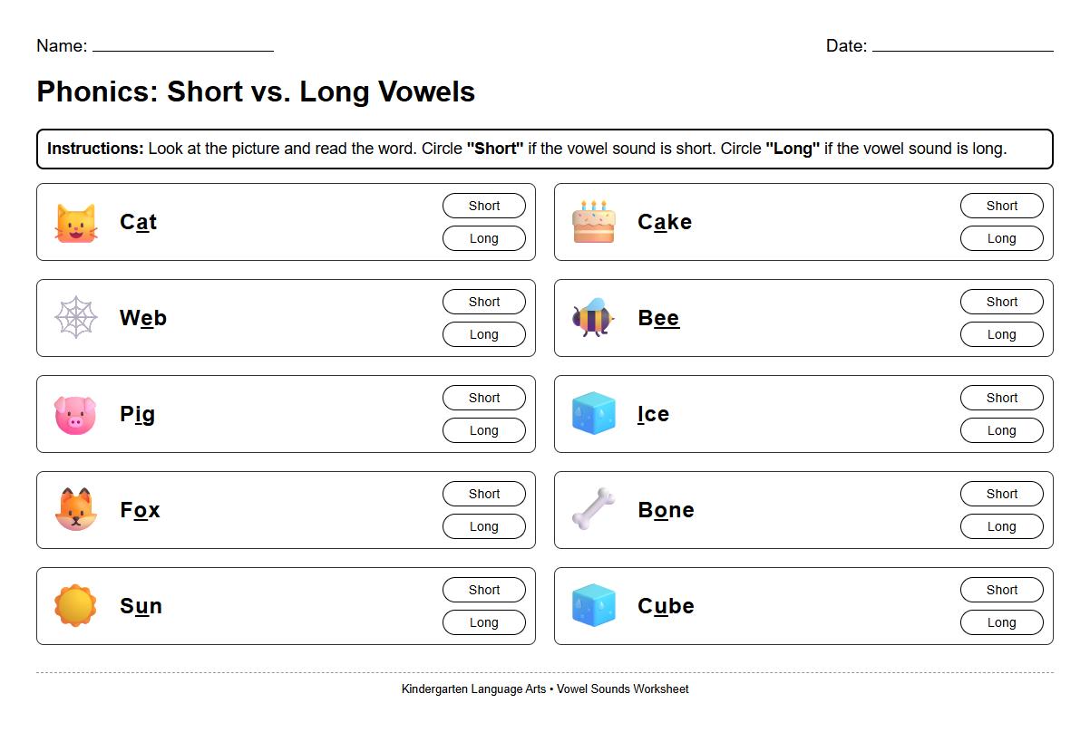 Kindergarten Phonics Worksheet for Identifying Short and Long Vowel Sounds in Words