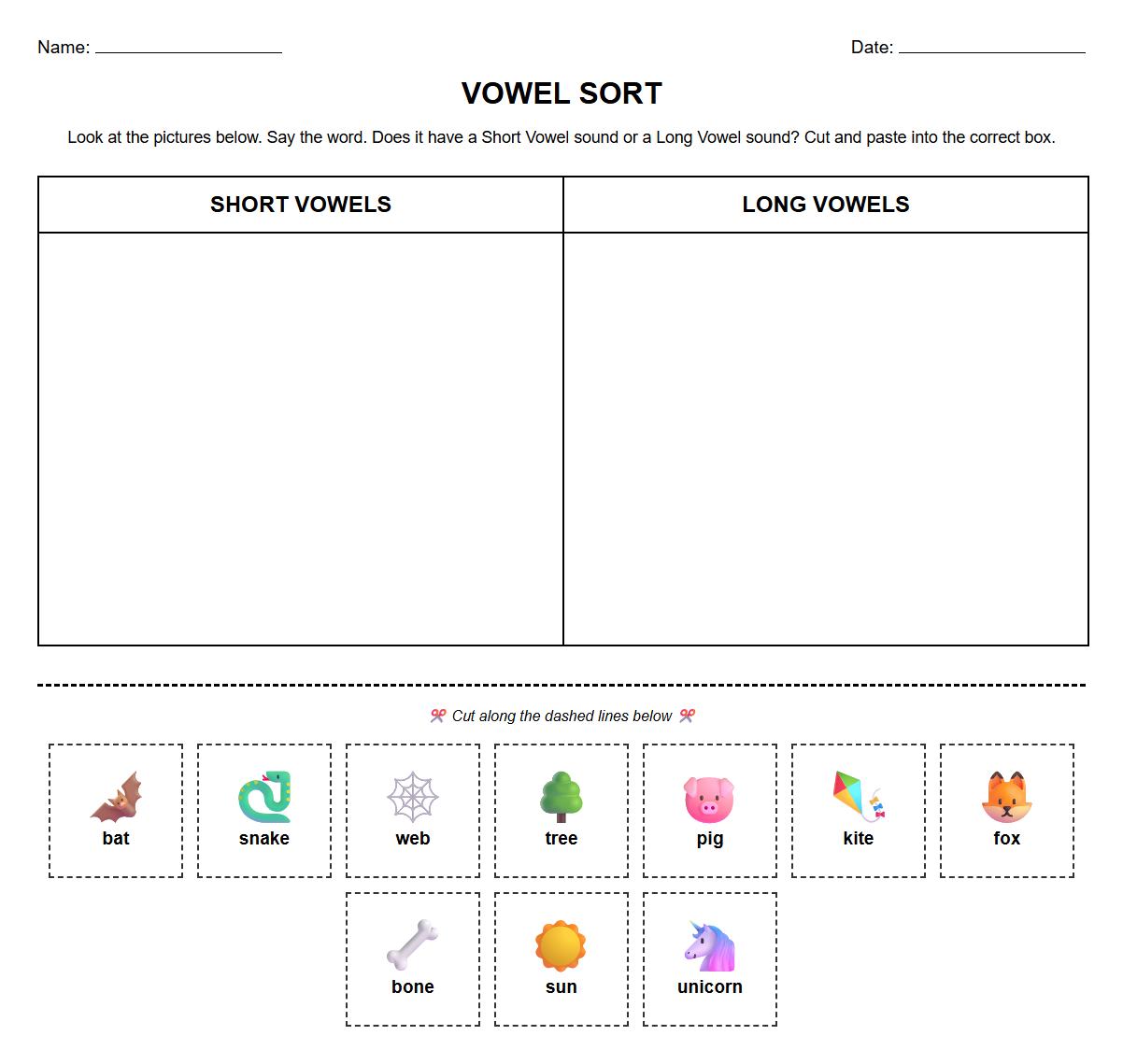 Kindergarten Phonics Worksheet for Sorting Short and Long Vowel Word Pairs