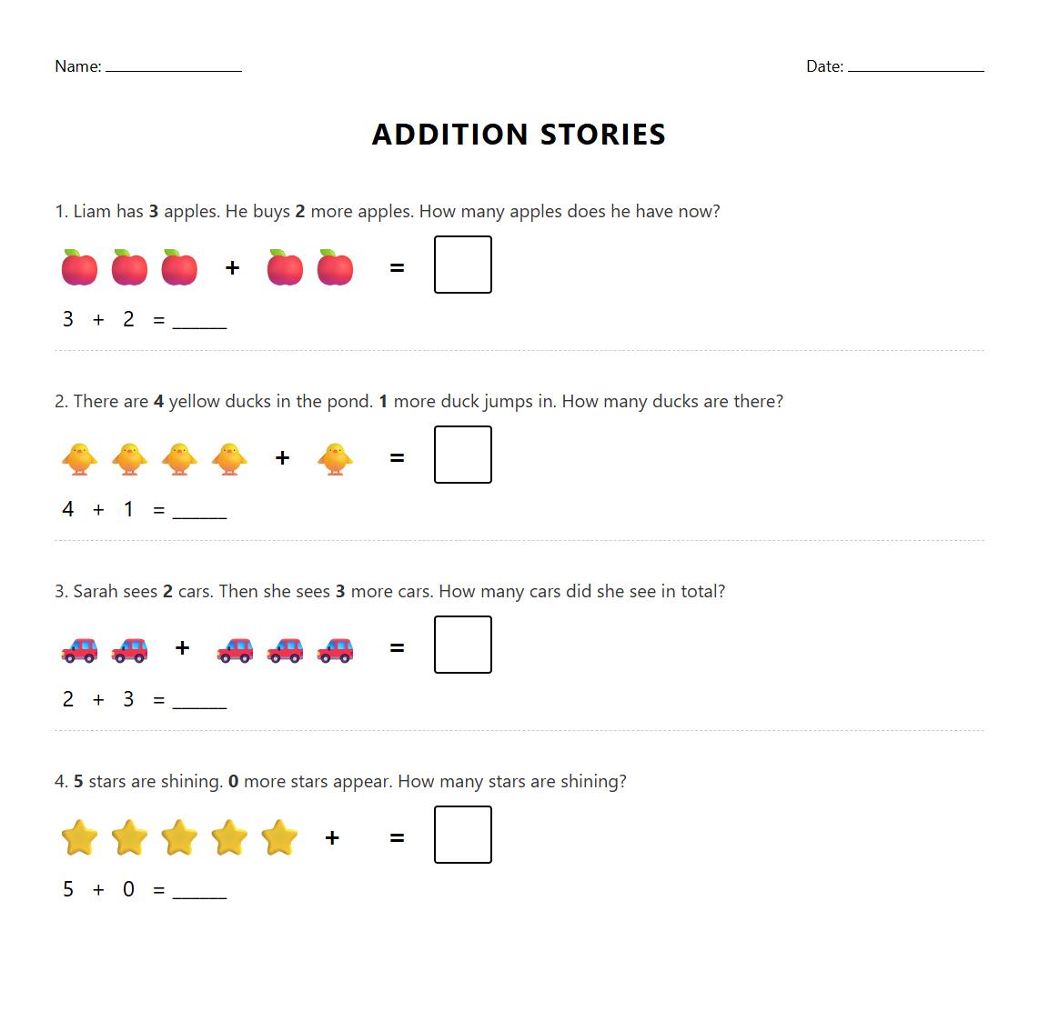 Kindergarten Story-Based Addition Problem Solving Worksheet