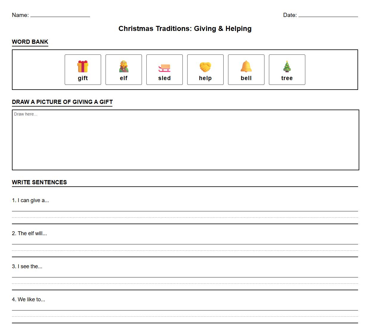 Kindergarten Writing Prompts Worksheet for Christmas using Phonics-based word banks