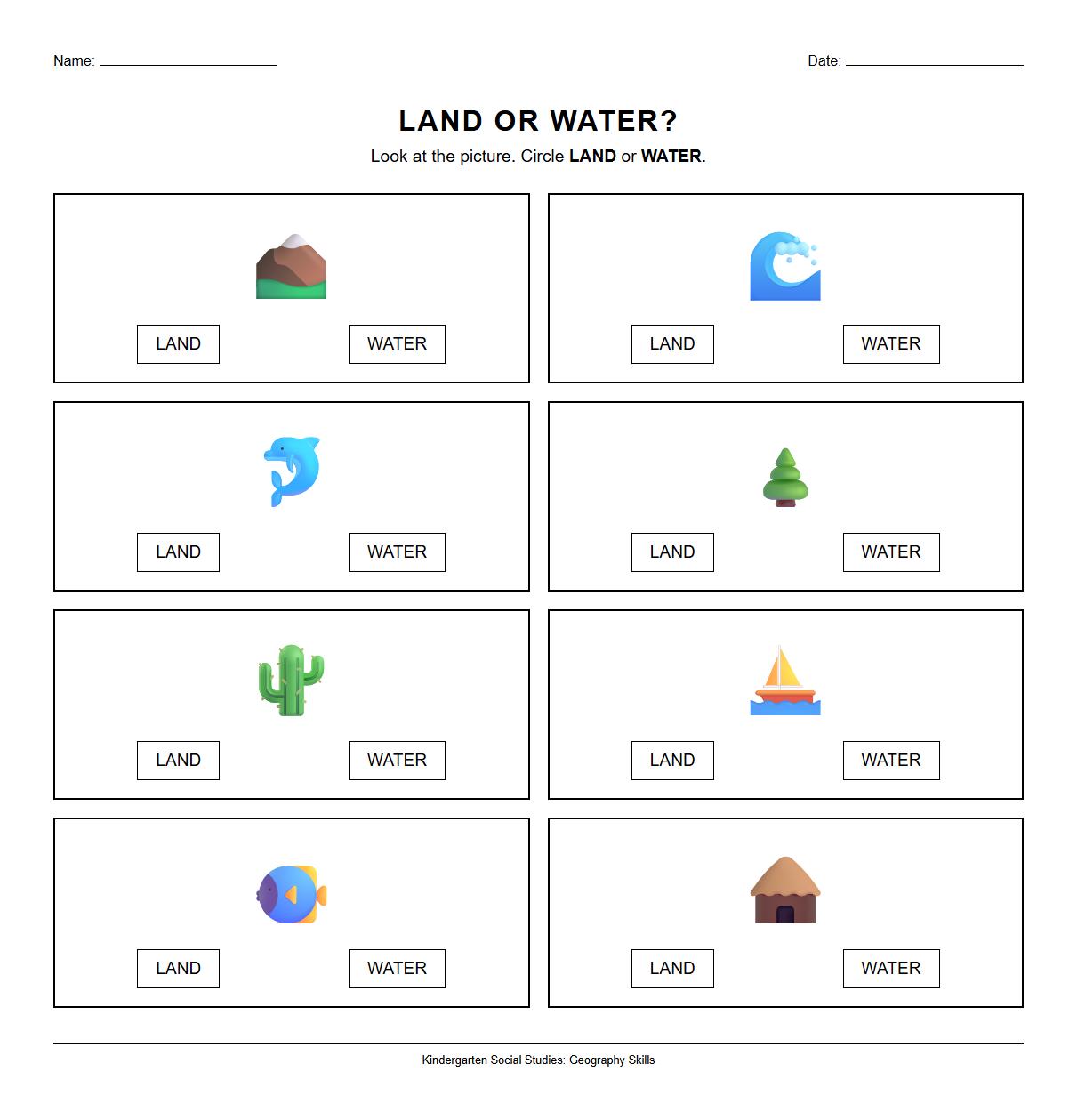 Land and Water Identification Worksheet for Early Geography Skills