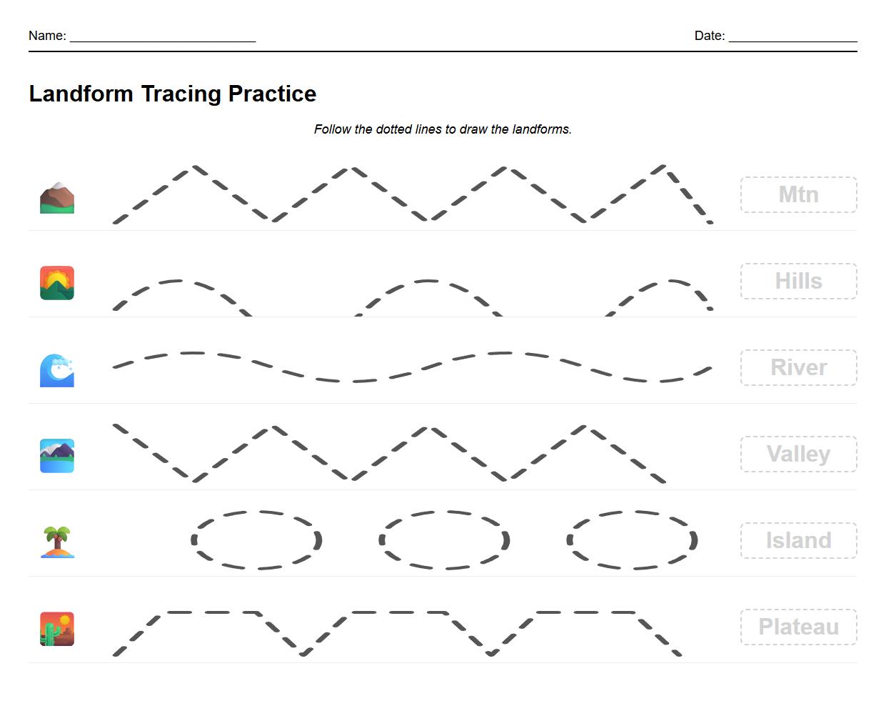 Landform Tracing Practice Sheet for Fine Motor Skills