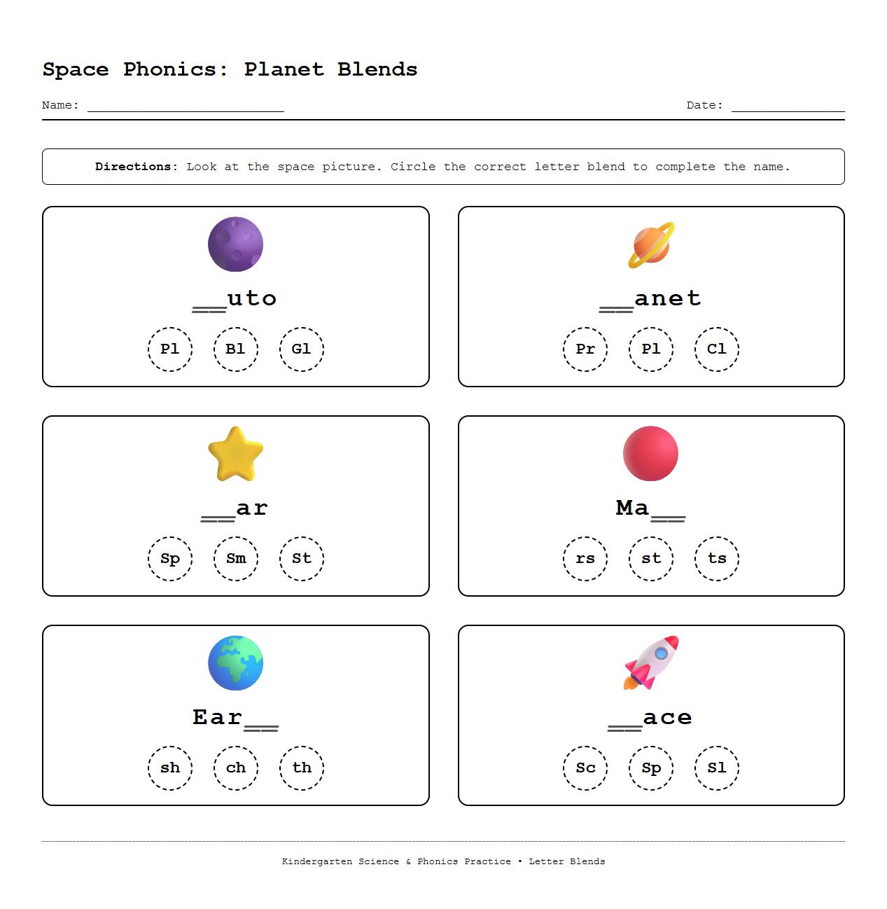 Letter Blends in Planet Names Phonics Practice Page
