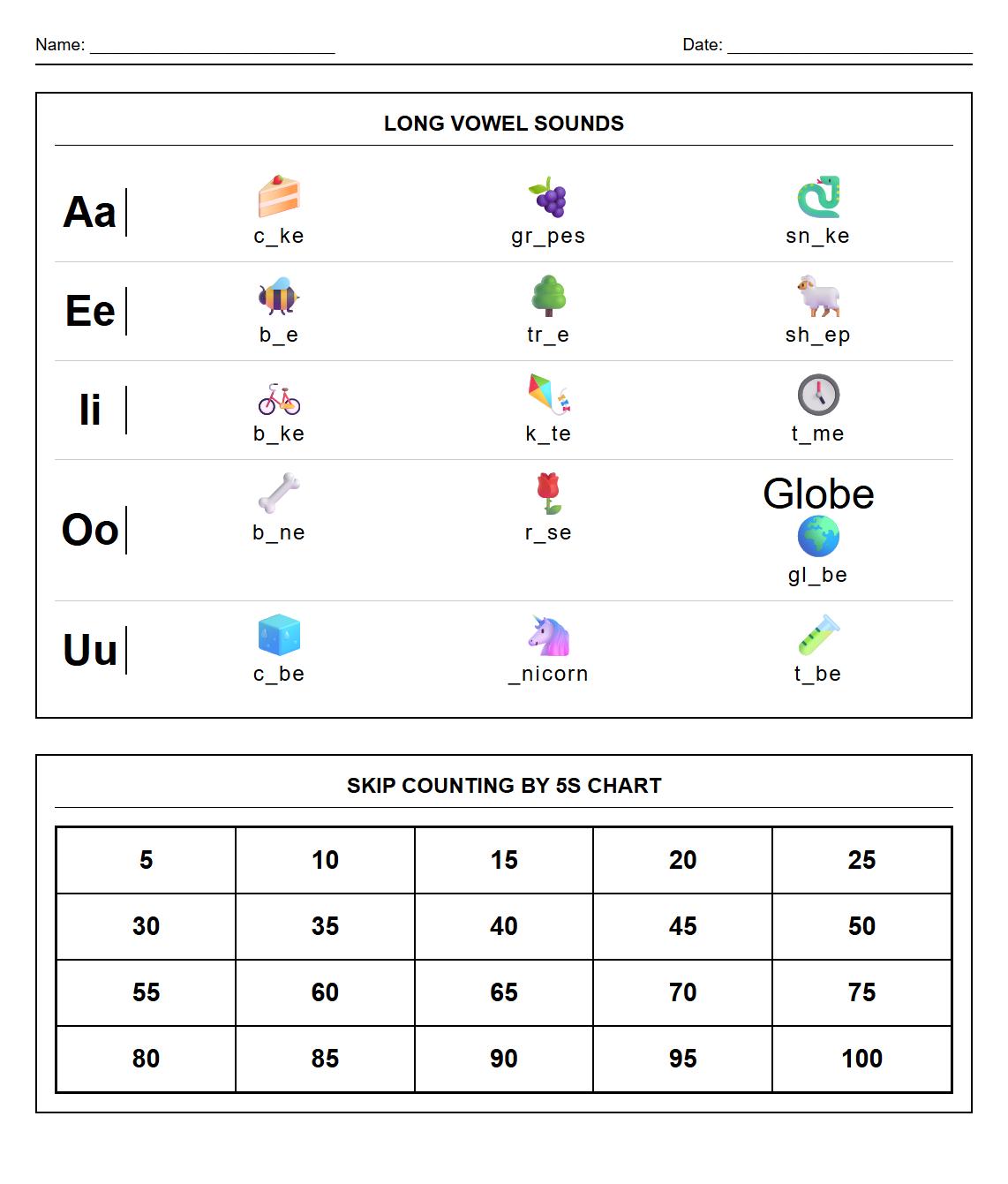 Long Vowel Phonics and Skip Counting by 5s Chart