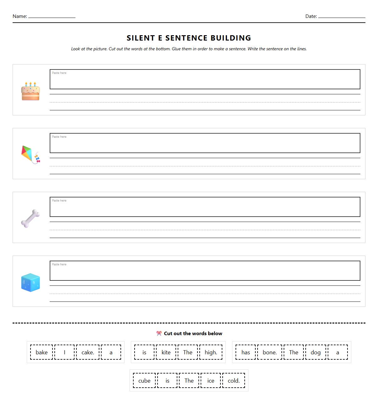 Long vowel silent E sentence building worksheet