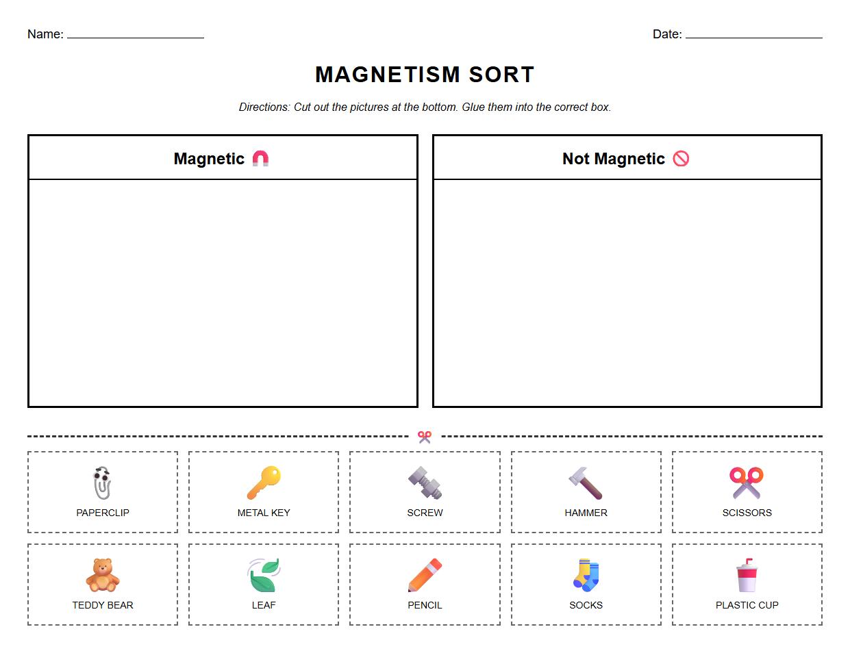Magnetism sorting activity worksheet using images of household objects