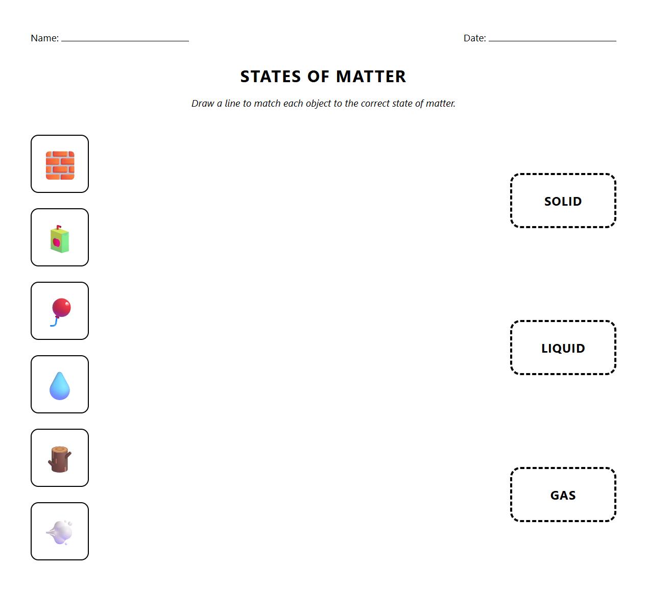 Matching Items to States of Matter Visual Discrimination Worksheet