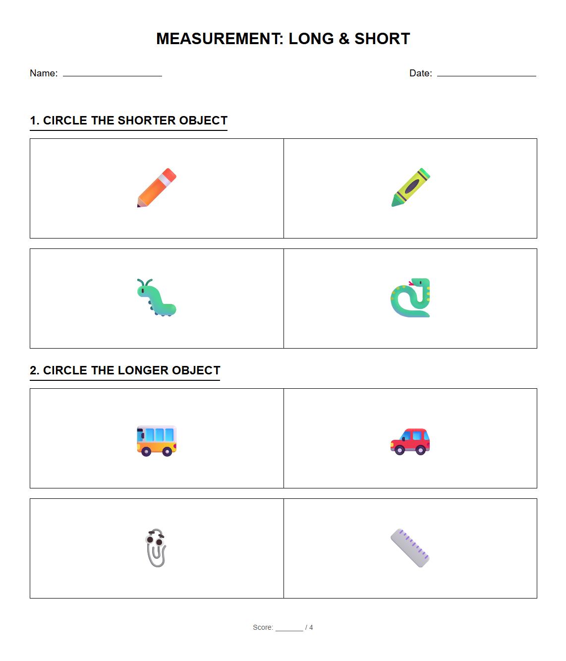 Measurement Comparison Sheet: Select Short or Long Objects