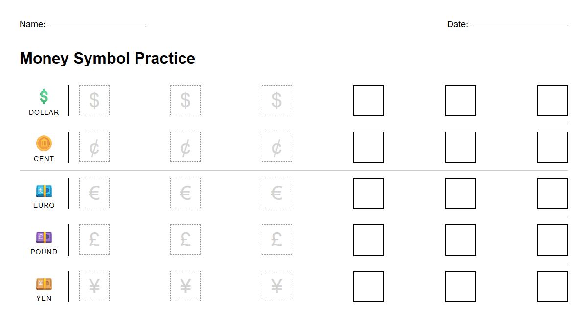 Money Symbol Tracing and Writing Practice Sheet