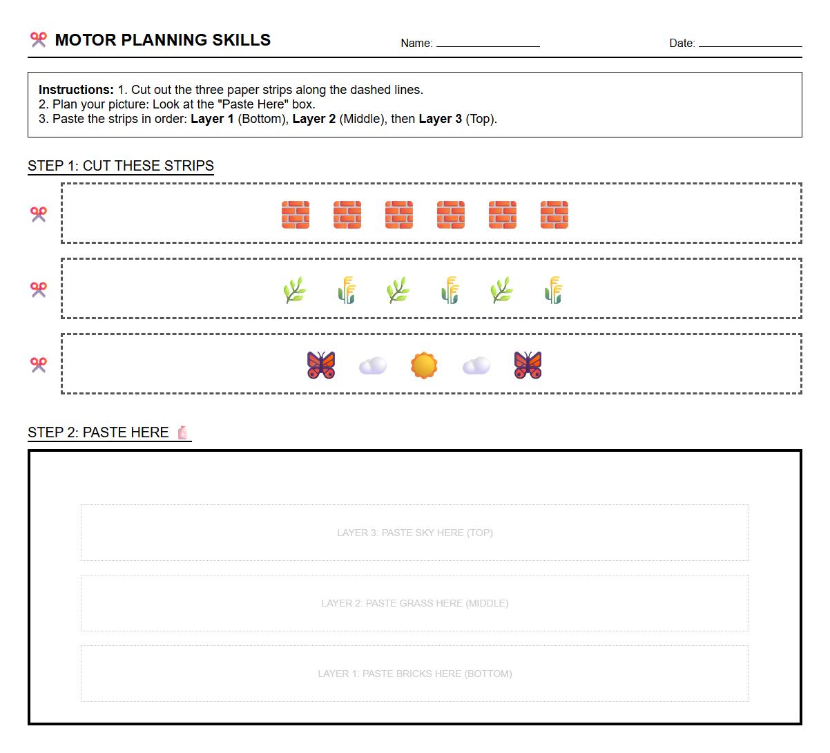 Motor Planning Skill Worksheets with Layered Paper Strip Cutting