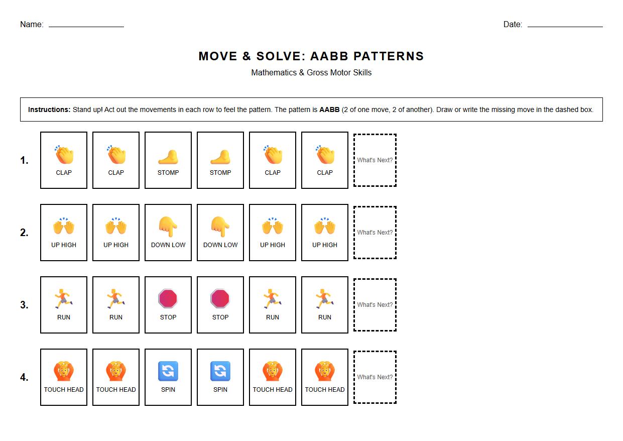 Movement Activity AABB Pattern Worksheet for Gross Motor Skills