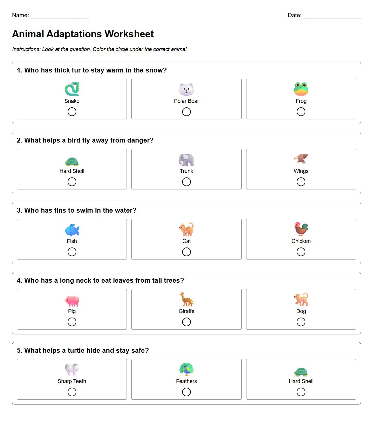 Multiple Choice Questions on Animal Adaptations and Survival