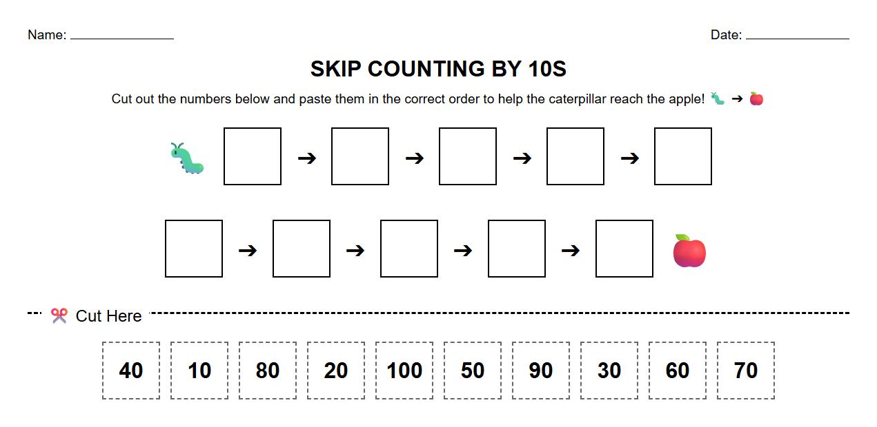 Multiples Recognition Skip Counting by 10s Cut and Paste Worksheet
