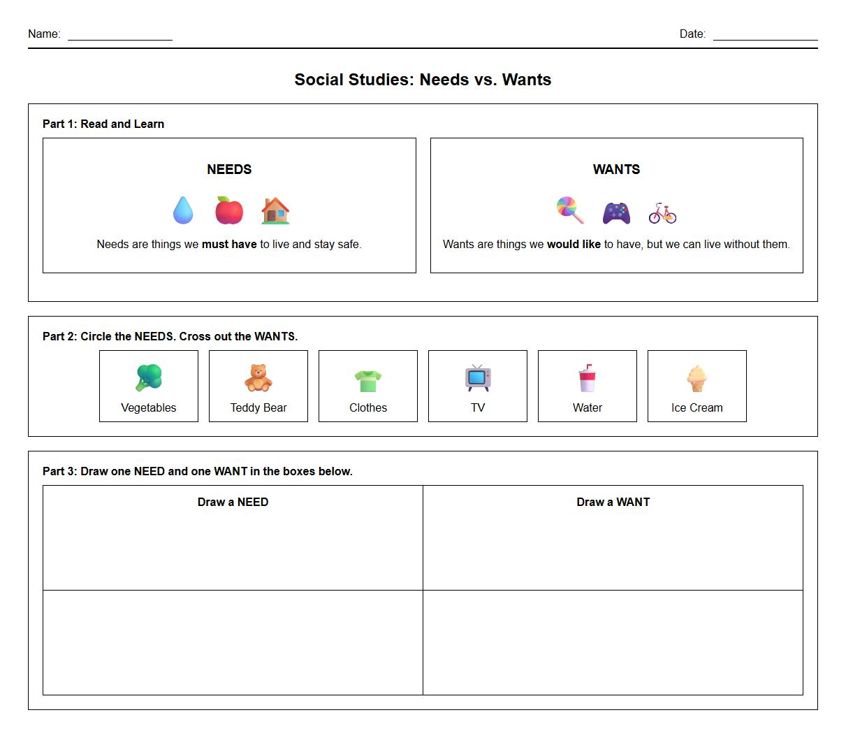 Needs vs Wants Reading Comprehension and Vocabulary Task