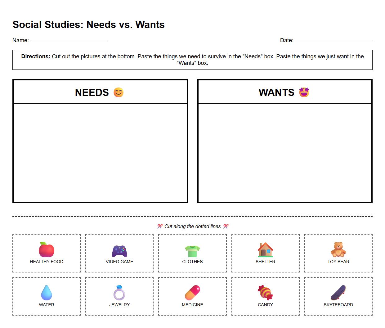 Needs and Wants Picture Sorting Worksheet