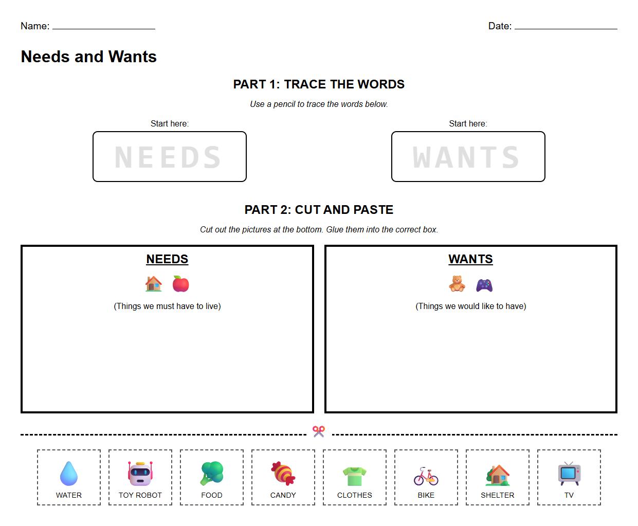 Needs and Wants Tracing Words Worksheet with Cut and Paste Activity