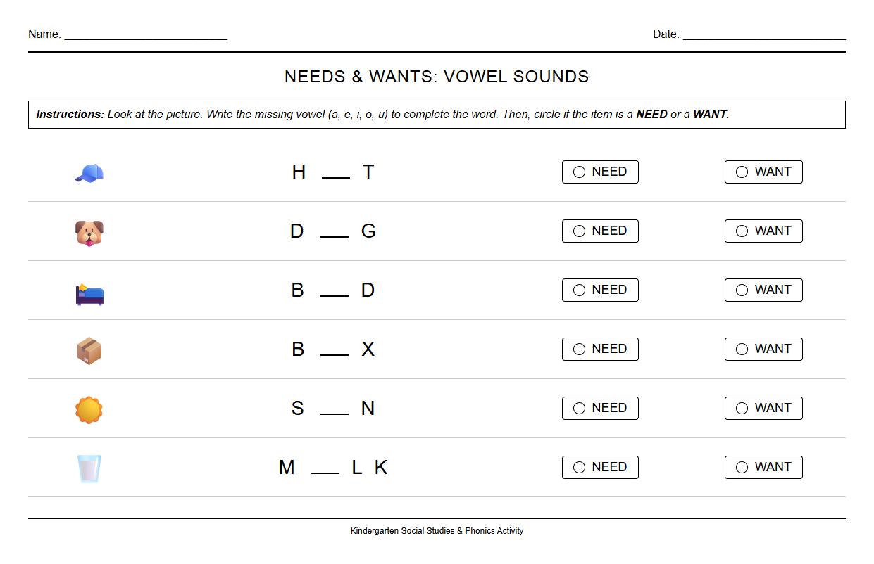 Needs and Wants Vowel Sounds Phonics Worksheet