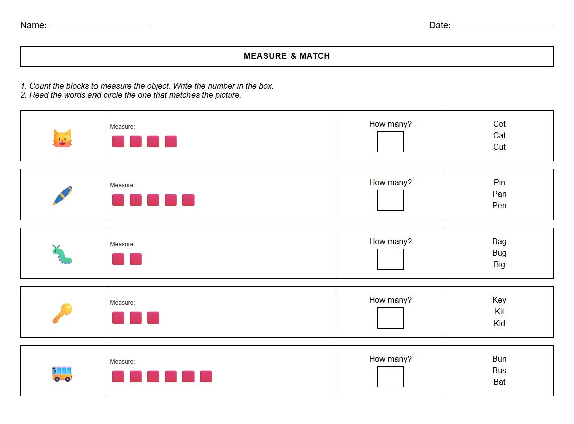 Nonstandard Units Measurement Sheet with Phonics Word Matching
