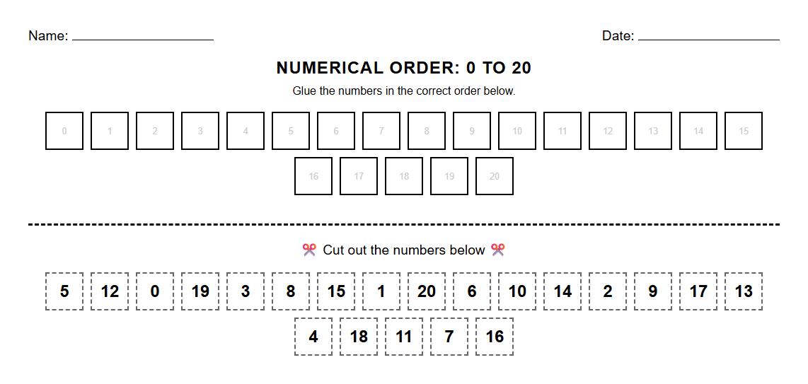 Numerical Order Cut and Paste Activity Worksheet 0 to 20